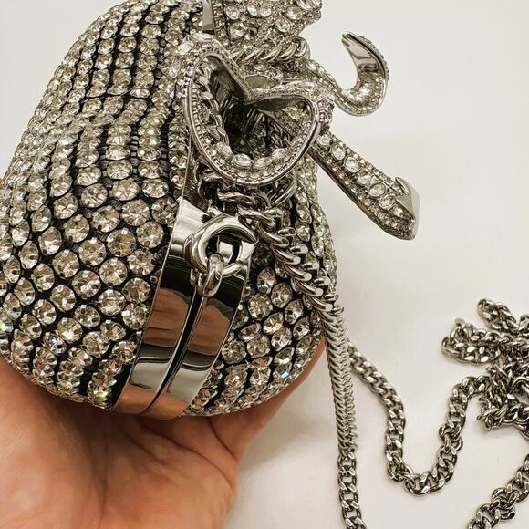 Self Portrait Silver Crystal Bow Heart Evening Bag & Chain Strap - Picture 8 of 12